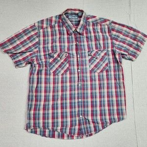 Old College Inn Shirt Mens Large Red Blue Plaid Western Pearl Snap Short Sleeve